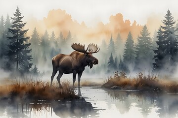 A moose is positioned amidst a foggy morning scenery