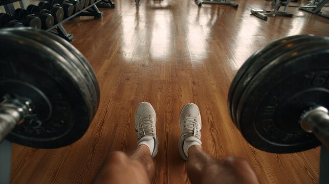 Close up view of person's feet in athletic shoes standing on wooden floor beside dumbbells in gym - Powered by Adobe