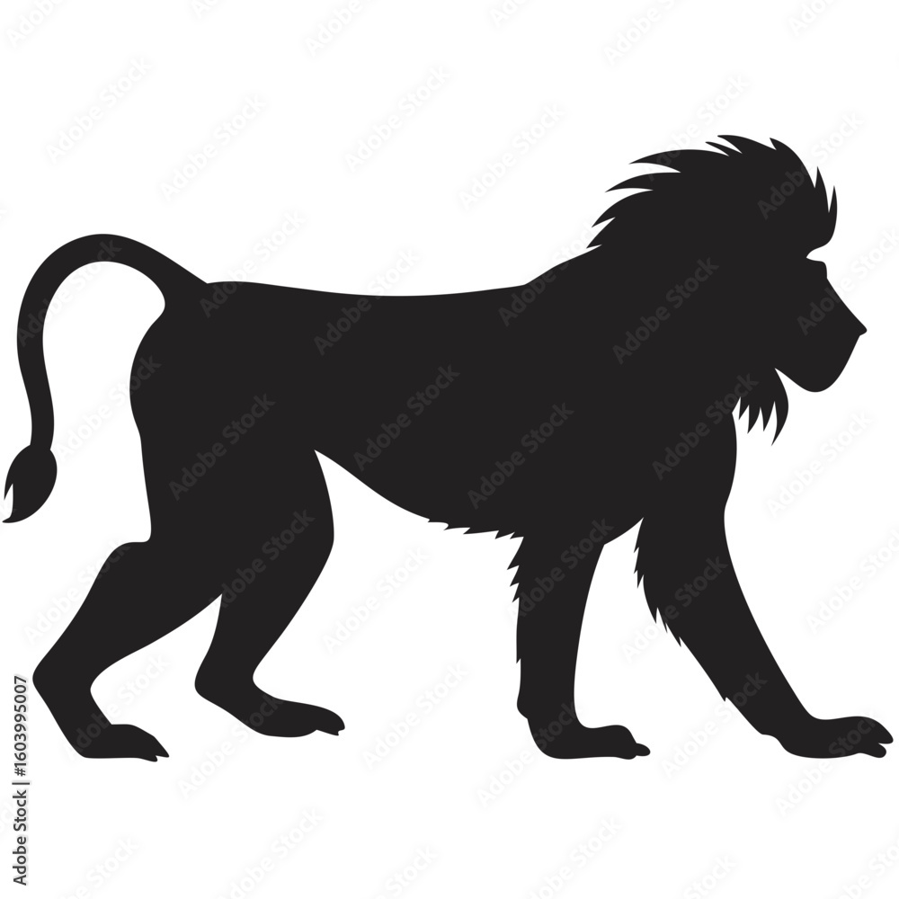 Poster silhouette depiction of a baboon walking with a distinctive mane and curled tail in solid black colo