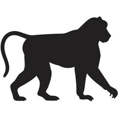Silhouette illustration of a baboon walking with its tail curved upwards in a simple black design created with generated ai