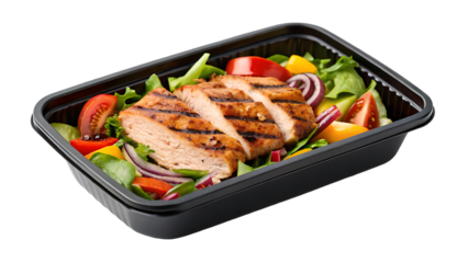 closeup of grilled meat and vegetables salad in black plastic lunch box isolated on white. breakfast dinner food meal, cuisine snack nutrition container, tasty restaurant dish, delivery 70003818 1