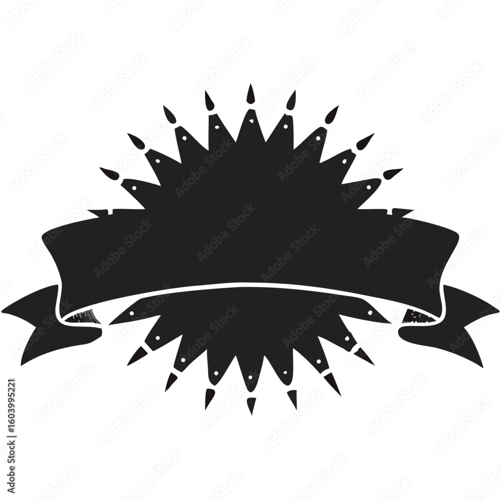 Poster black silhouette of a banner with decorative sunburst elements on a white background for graphic des