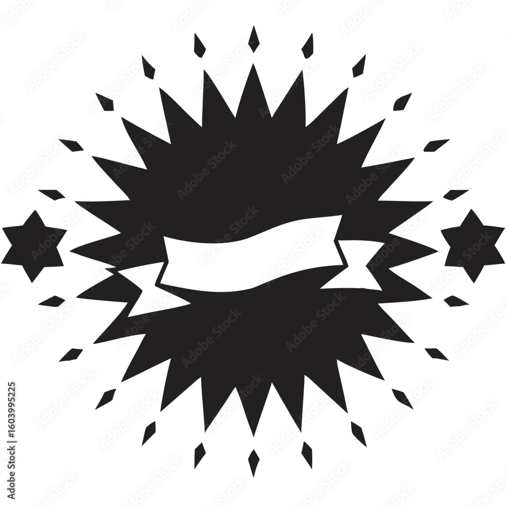 Poster black starburst with sharp edges and a white banner in the center with two six pointed stars on side