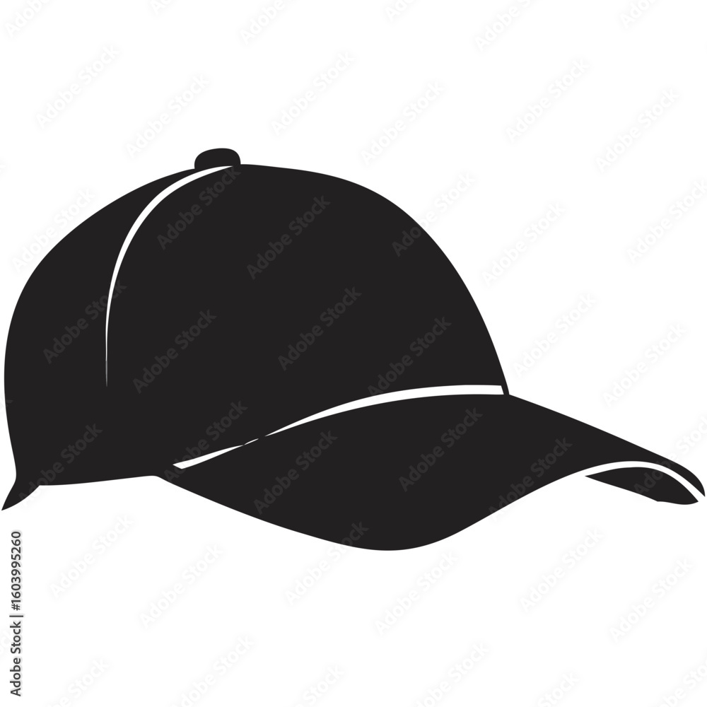 Poster a simple black baseball cap with a curved brim and a top button on a white background is displayed c