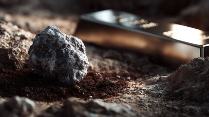 Rough stone beside polished gold bar in earthy textured landscape precious metal