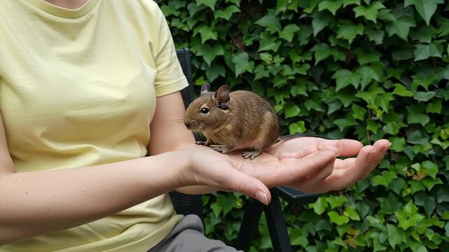 A person gently holds a small furry degu rodent in their open hands outdoors with green foliage in the background