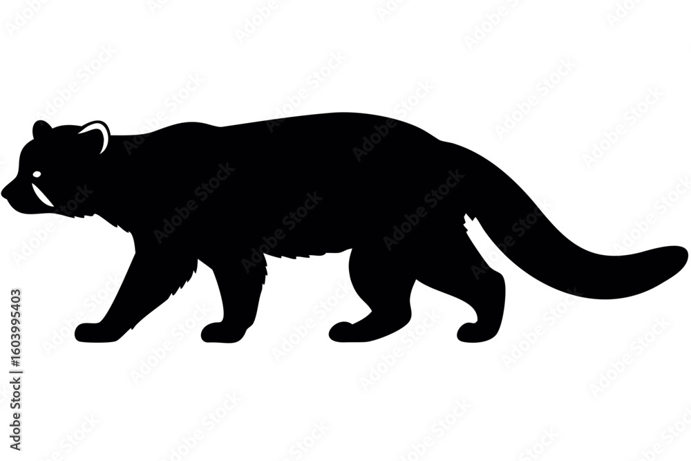 Poster silhouette of a civet walking with its tail curved upwards and its head turned to the left side crea