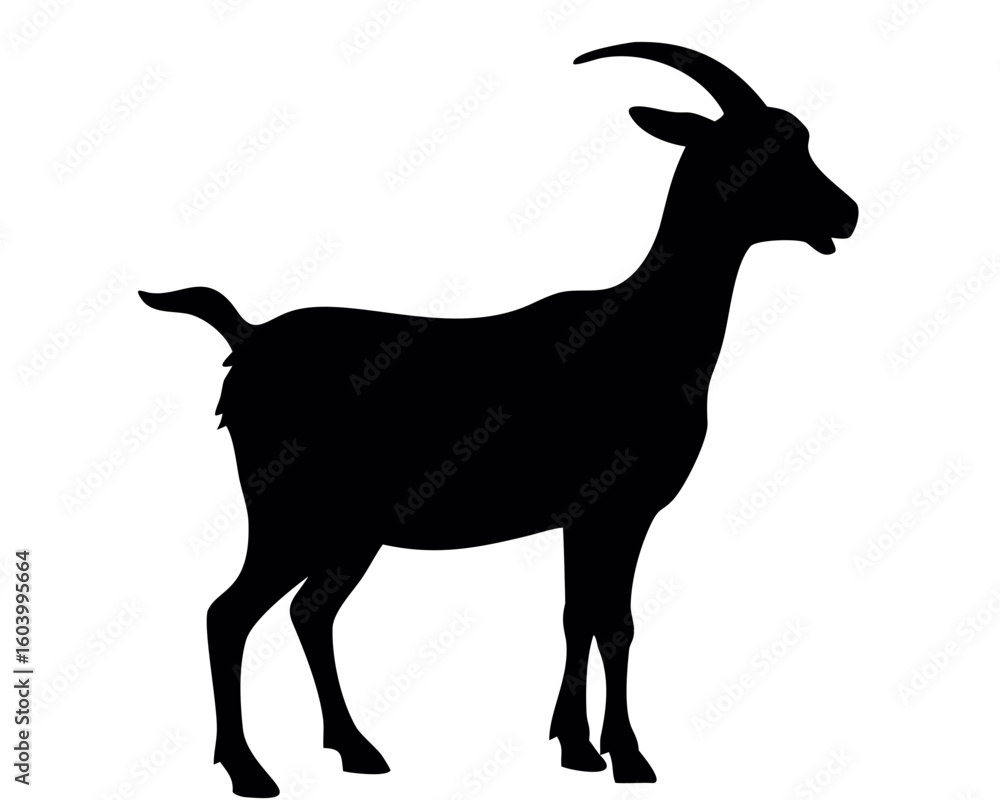 Poster silhouette of a goat standing sideways with a short tail and curved horns in a black and white image