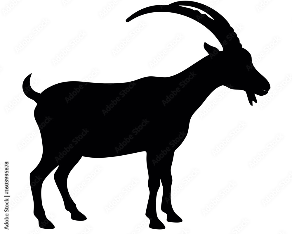 Poster silhouette of a standing goat with large curved horns and a small tail against a white background cr