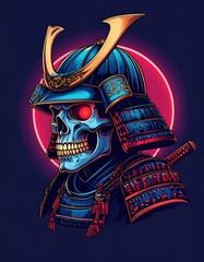 Naklejka premium A glowing-eyed skull wearing detailed blue samurai armor and helmet, set against a red circular backdrop.