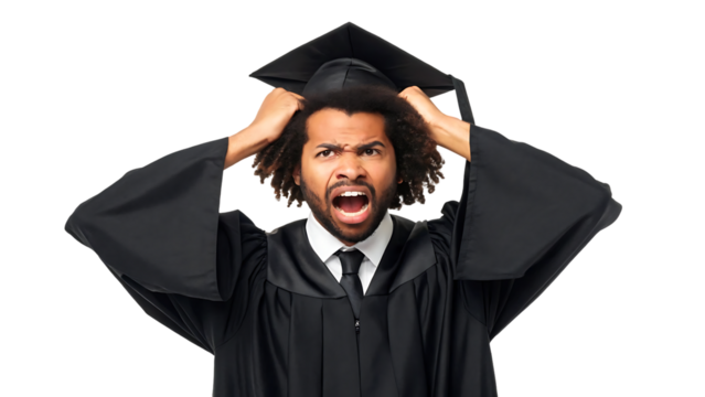 frustrated college graduate portrait, young man in cap and robe with angry expression, emotional university ceremony moment, stressed student facing education challenges isolated on white 27164890 1