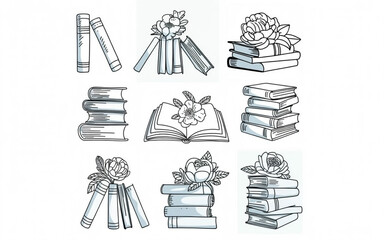 Black and white line art of 12 hand drawn book stacks with floral accents books stacked