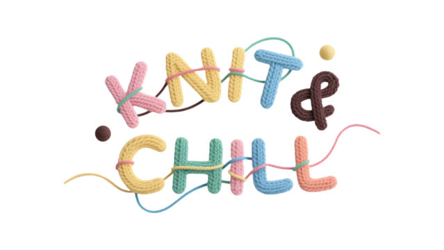 "Knit & Chill" Playful Knitted Yarn 3D Text in Pastel Colors for Relaxing Hobby Concepts