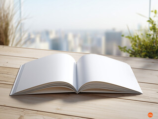 Softcover book mockup: A realistic softcover book lying open on a light wooden table, with blank pages ready for content