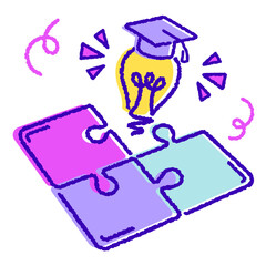 playful education illustration, creative light bulb with mortarboard and puzzle graduation concept flat outline hand drawn rough