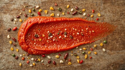 Spicy red pepper spread with mixed seeds and nuts on rustic wood surface