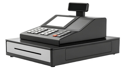 modern black gray cash register with buttons and small display screen isolated on white. retail store or supermarket shop electronic cash payment device, cashier checkout money purchase mac 14494310 1