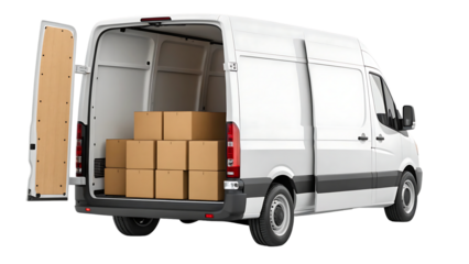rearview of van full of cardboard boxes isolated on white. commercial cargo express delivery or shipping transportation vehicle, fast post business package courier service, logistic, order, 11216760 1