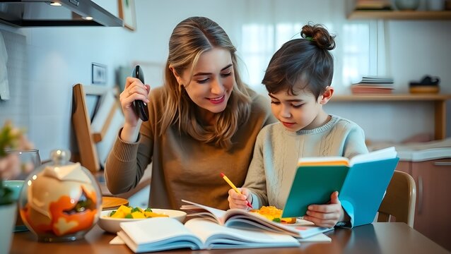 A Loving Mother Guides Her Son's Homework in a Cozy, Modern Kitchen - Powered by Adobe