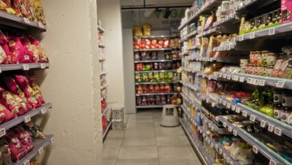 Grocery store aisle with shelves filled with various food products, captured in a blurred focus creating a bokeh effect, conveying a vibrant shopping atmosphere.