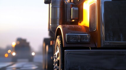 Heavy Duty Truck Headlights and Powerful Engine in Harsh Winter Conditions