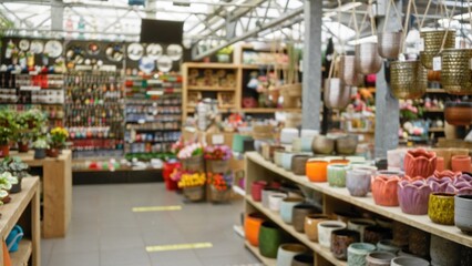 Blurred flower shop display showcasing vibrant pots and floral arrangements with a background of assorted home and garden merchandise creating a bustling florist scene.