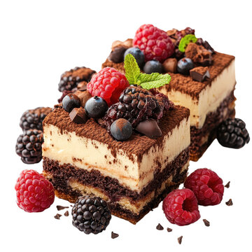 Assorted tiramisu desserts with berries and chocolo isolated on transparent background