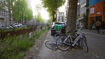 Bicycles leaning against a tree along a blurry amsterdam canal with a defocused background,...