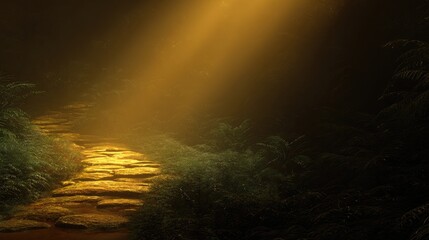 Golden Path Through Dark Fantasy Landscape with Glowing Light and Sparkling Glitter Texture
