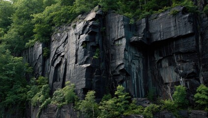 Dark, craggy rock face in a lush forest setting