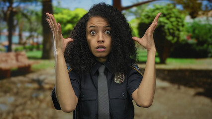 Young woman police officer in uniform gesturing in a vibrant green park setting, conveying surprise and engagement.