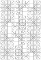 Monochrome abstract quilt pattern design. Geometric grid with diagonal blocks and squares. Perfect for crafting, textile art, and backgrounds.