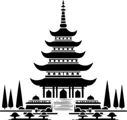 black and white flat vector of a buddhist stupa icon, balanced minimalist architecture