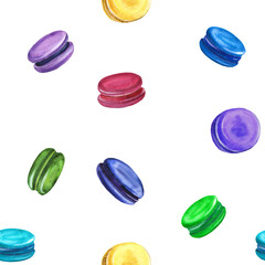 seamless pattern with multicolored macarons, watercolor illustration for tableware, packaging, and design