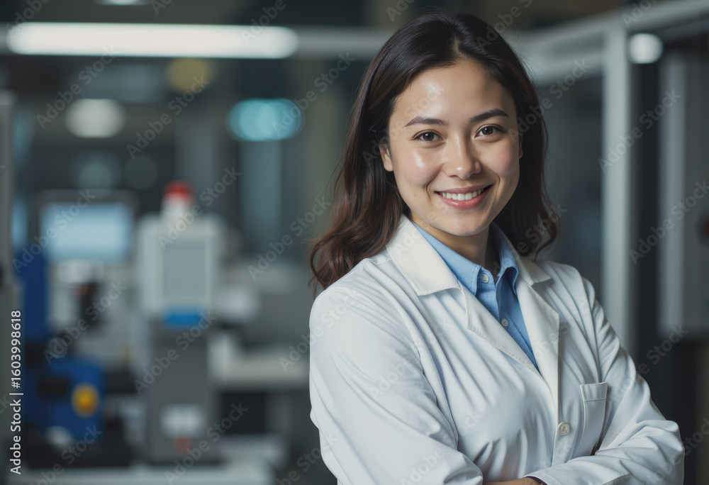 Poster advanced materials engineer smiling confidently in a nanotechnology lab
