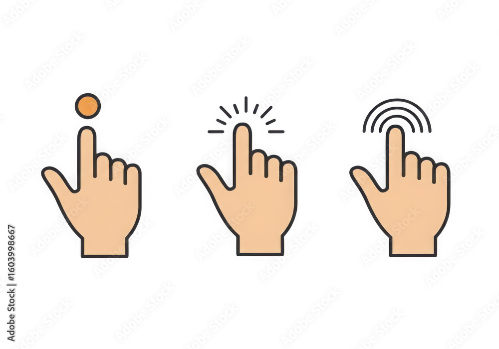 Poster three hand icons showing different types of touch or interaction on a transparent background in a mi