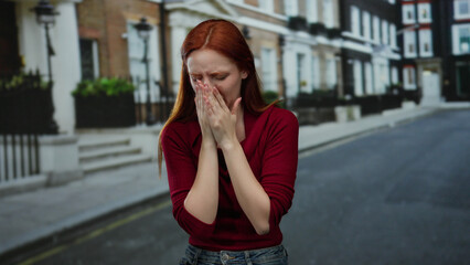 Woman sneezing on city street with red hair and red shirt, showing discomfort during outdoor...