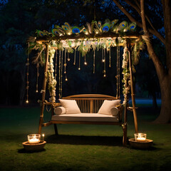 A small traditional swing jhula decorated with peacock feathers butter pot and flute placed under a tree with glowing fireflies at night soft divine lighting no humans
