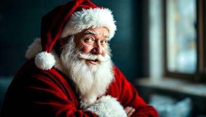 A playful Santa Claus leaning in to share a Christmas secret, with a conspiratorial expression and plenty of copy space.


