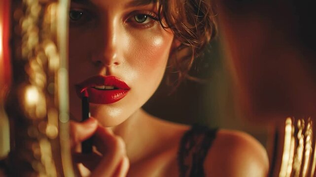 Beautiful woman applying red lipstick in front of mirror