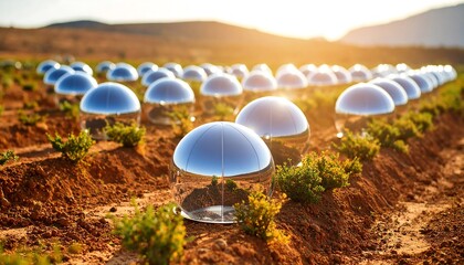 Growing Plants Under Domes in Agricultural Field at Sunset