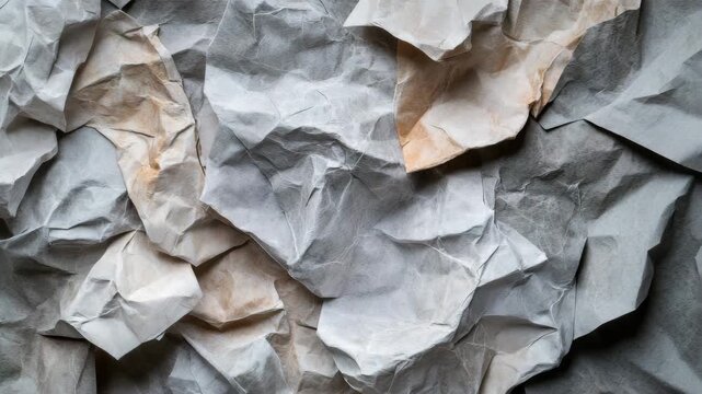 Crumpled paper texture featuring gray paper and brown paper tones with wrinkled paper folds, textured paper layers creating abstract background, rough texture, and tactile surface full of depth