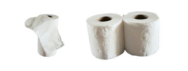 Two Rolls of White Paper Towels and a Single Crumpled Sheet on transparent background