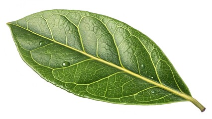 Obraz premium Leaf's Intricate Details: Close-up of a vibrant green leaf, with water droplets on its surface, shows the detailed textures and patterns, perfect for illustrating natural and organic concepts.