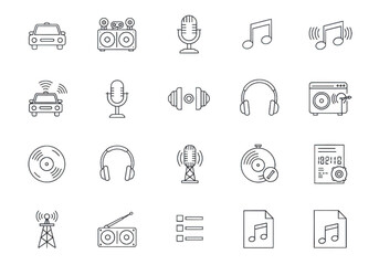 Collection of line icons representing music and audio equipment on a transparent background