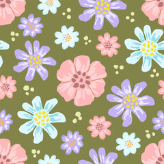 Floral vector seamless pattern. Light delicate pink, blue, purple flowers on a green background. For prints on fabric, textiles, summer clothes.