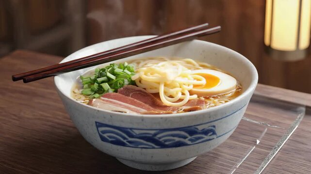 A steaming ceramic bowl of Japanese ramen noodles with rich broth, sliced pork belly, soft-boiled egg, nori, scallions, and sesame seeds. Wooden chopsticks rest on the bowl. The background is softly b