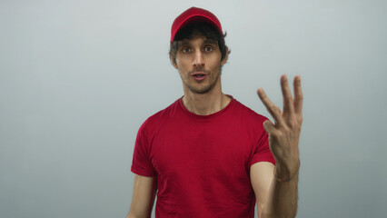 Naklejka premium Young deliveryman in red cap shows two fingers at camera in grey studio; confidence optimism empowerment.