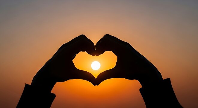 Romantic silhouette of hands creating a heart shape, capturing the golden sun during a beautiful sunset.