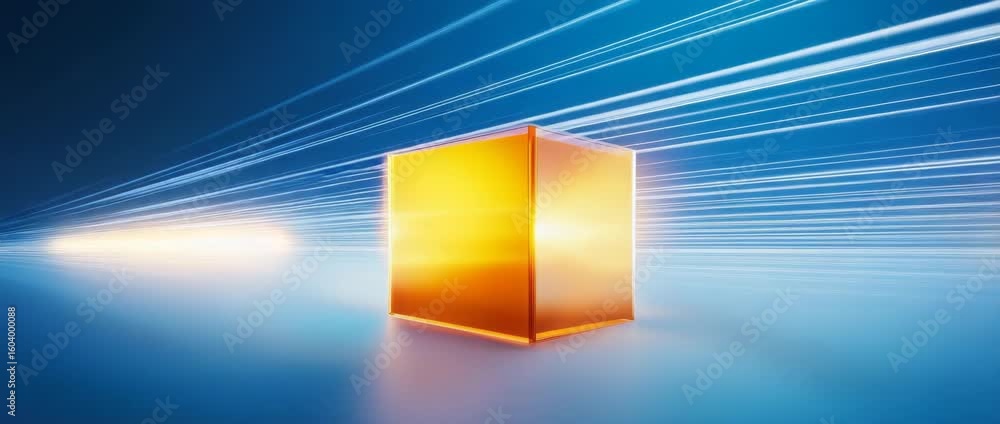 Sticker glowing orange cube with bright light streaks in blue and yellow background creating dynamic abstrac